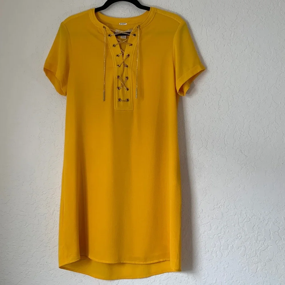 Michael Kors Shift Dress Womens S Yellow Gold Chain Lace Up Quiet Luxury Resort